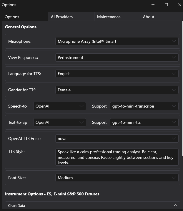 ChartGPT Options window