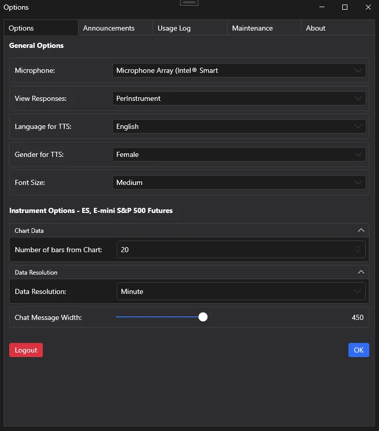 ChartGPT-Options Window